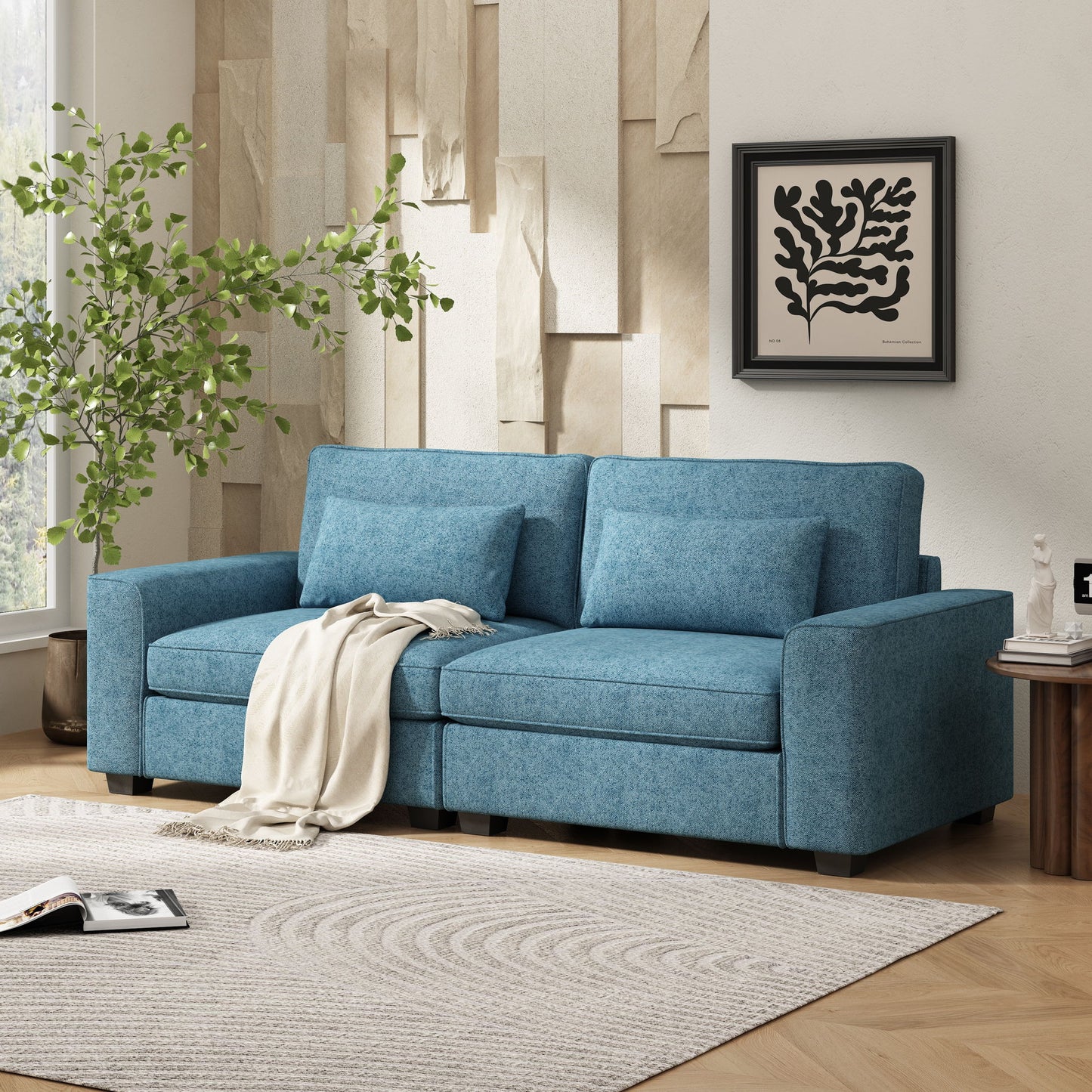 Modern Fabric Sofa With Cushions, Sleek Arm Design