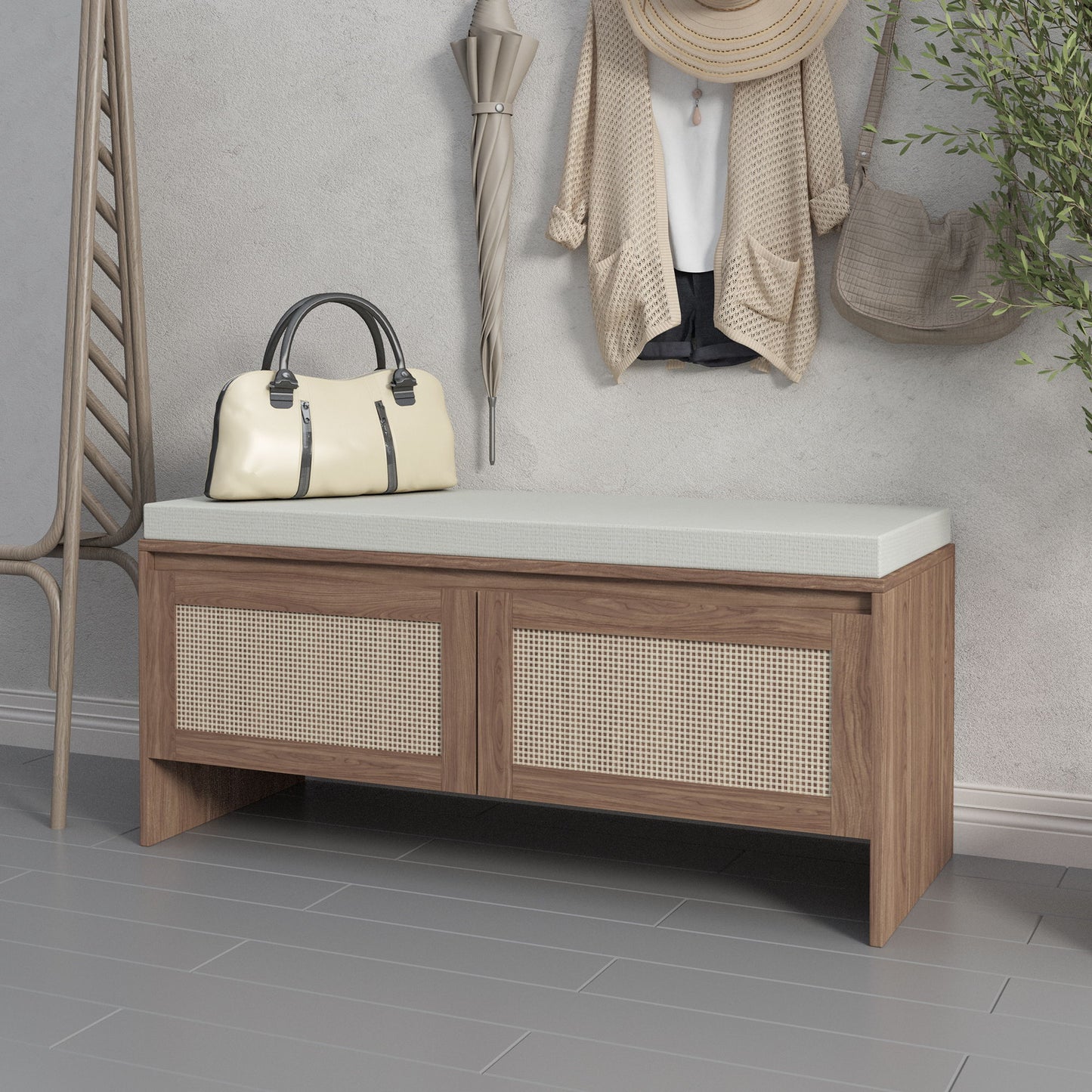 Storage Bench With Cushion, Shoe Cabinet With 2 Doors - Antique Natural / Rattan
