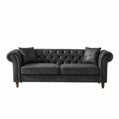Chesterfield Sofa, High Tech Fabric Roll Armrest, 3 Seater Mid Century Modern Couch - Black