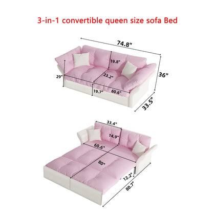 Queen Pull Out Sofa Bed, 3 In 1 Convertible Sleeper Tufted With 2 Soft Pillows