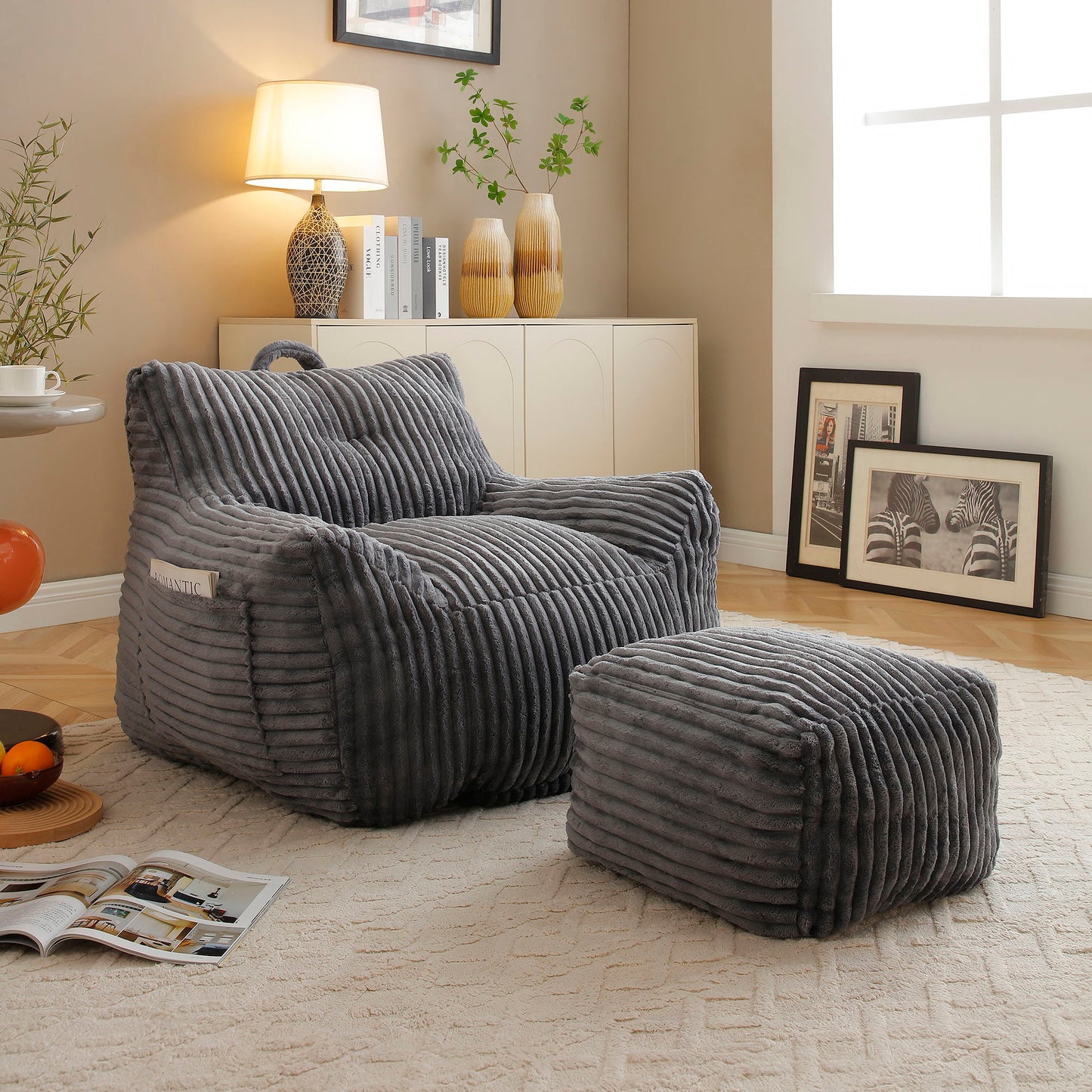 Giant Bean Bag Chair With Armrests And Footstool