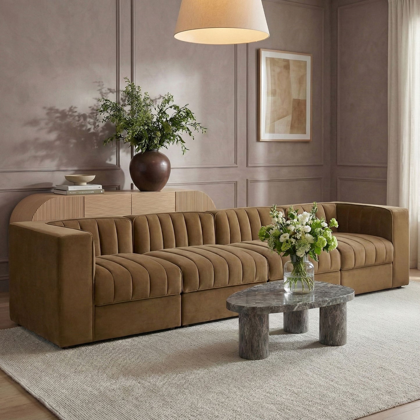 Rummi - Velvet Performance Fabric Upholstered 4 Piece Modular Sofa