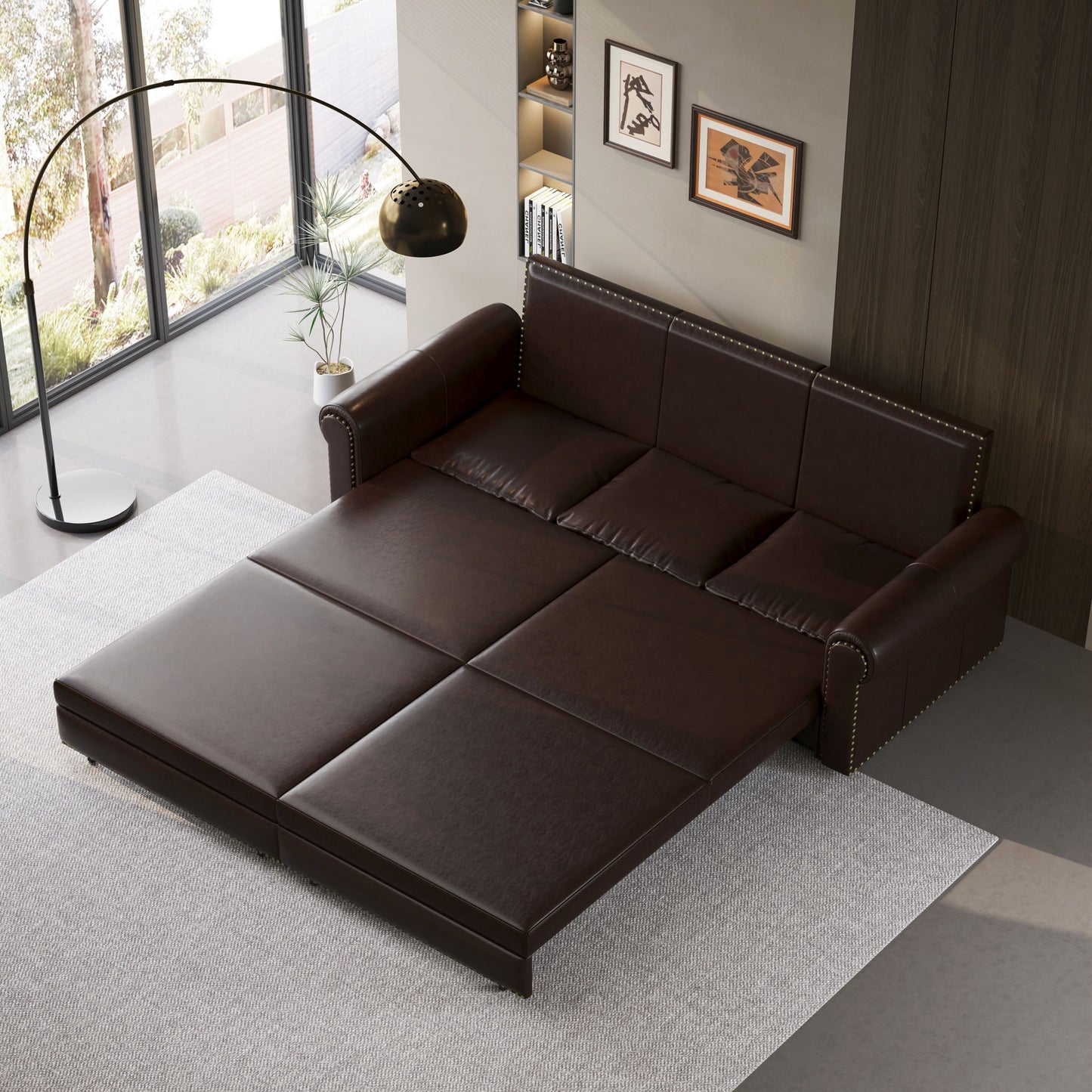 3 In 1 Convertible Sleeper Sofa With Nailhead Trim & Rolled Arm