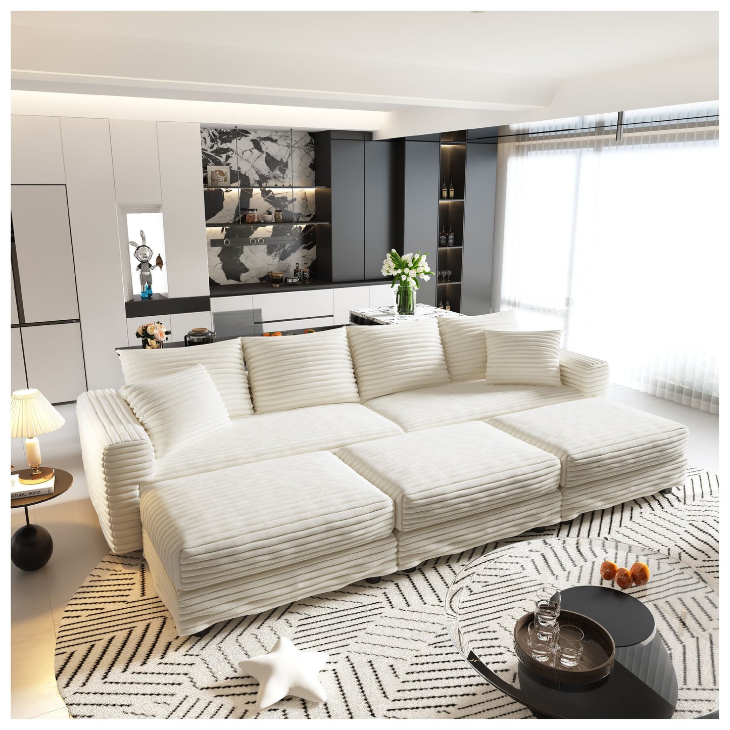 Deep Seat Convertible Sofa With Soft Pillows And Ottomans