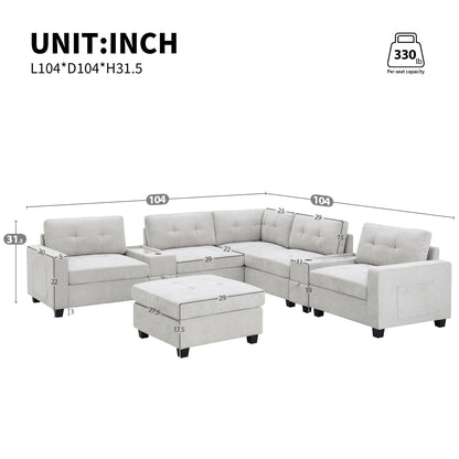 Sectional With Acrylic Table Top U Shaped Couch Set With 2 Consoles USB Charger, Storage Drawers And Pockets Movable Ottoman Tufted Sofa