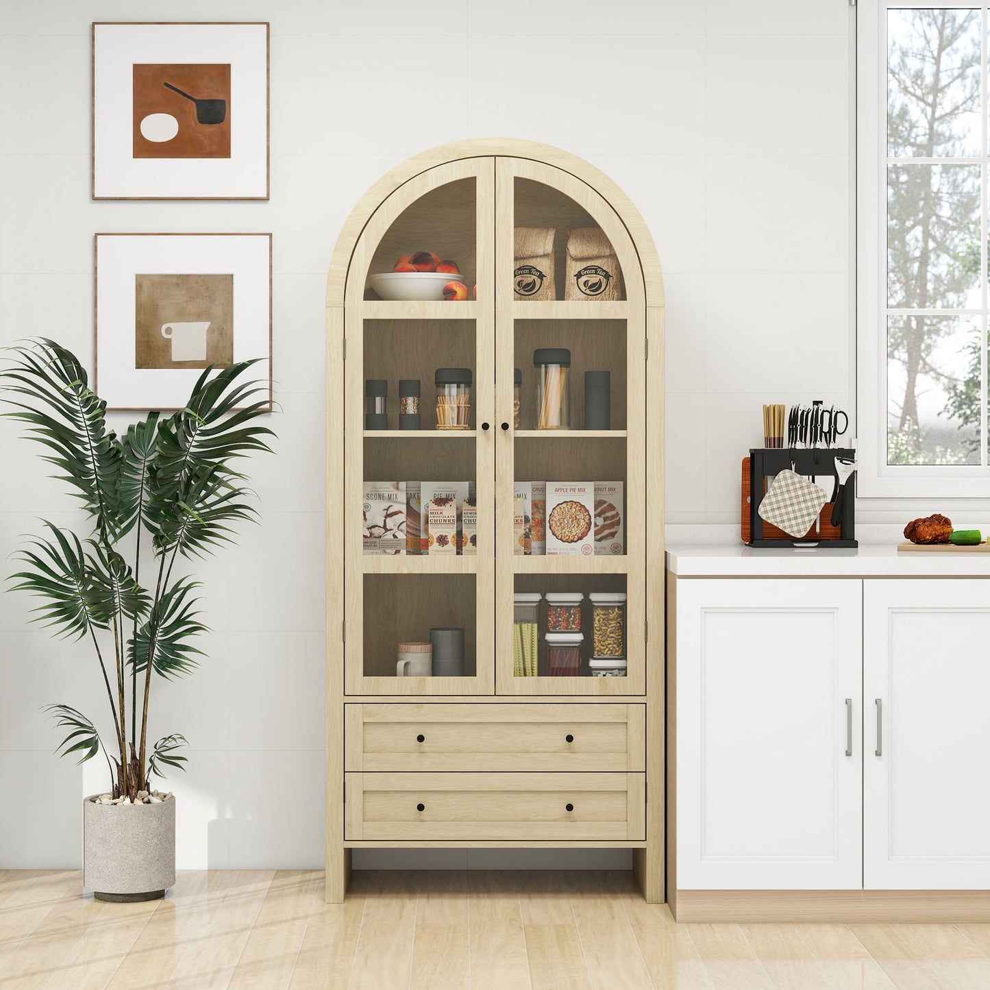 Tall Arched Kitchen Pantry, Modern Farmhouse Wood Kitchen Storage Cabinets, Arched Storage Display Cabinet With Adjustable Shelves, Versatile Cupboard For Kitchen, Dining Room, Living Room - Natural