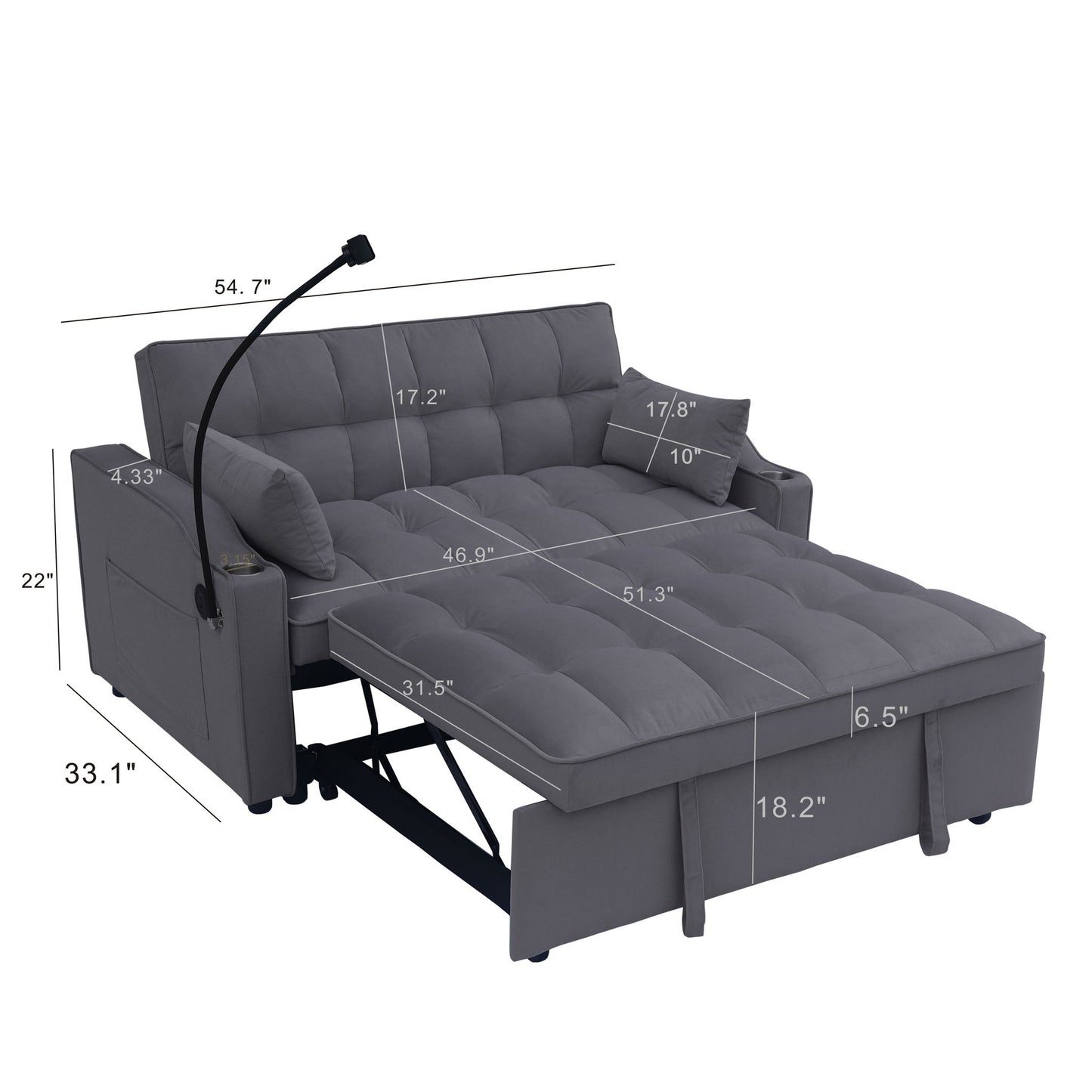 Modern Loveseat Futon Sofa With Pullout Bed, Adjustable Reclining Backrest, Toss Pillows