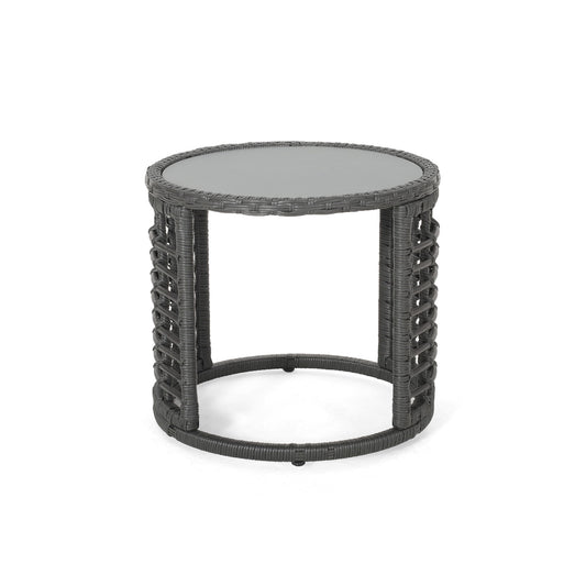 Achill - Outdoor Modern Boho Wicker Side Table With Glass Top - Gray
