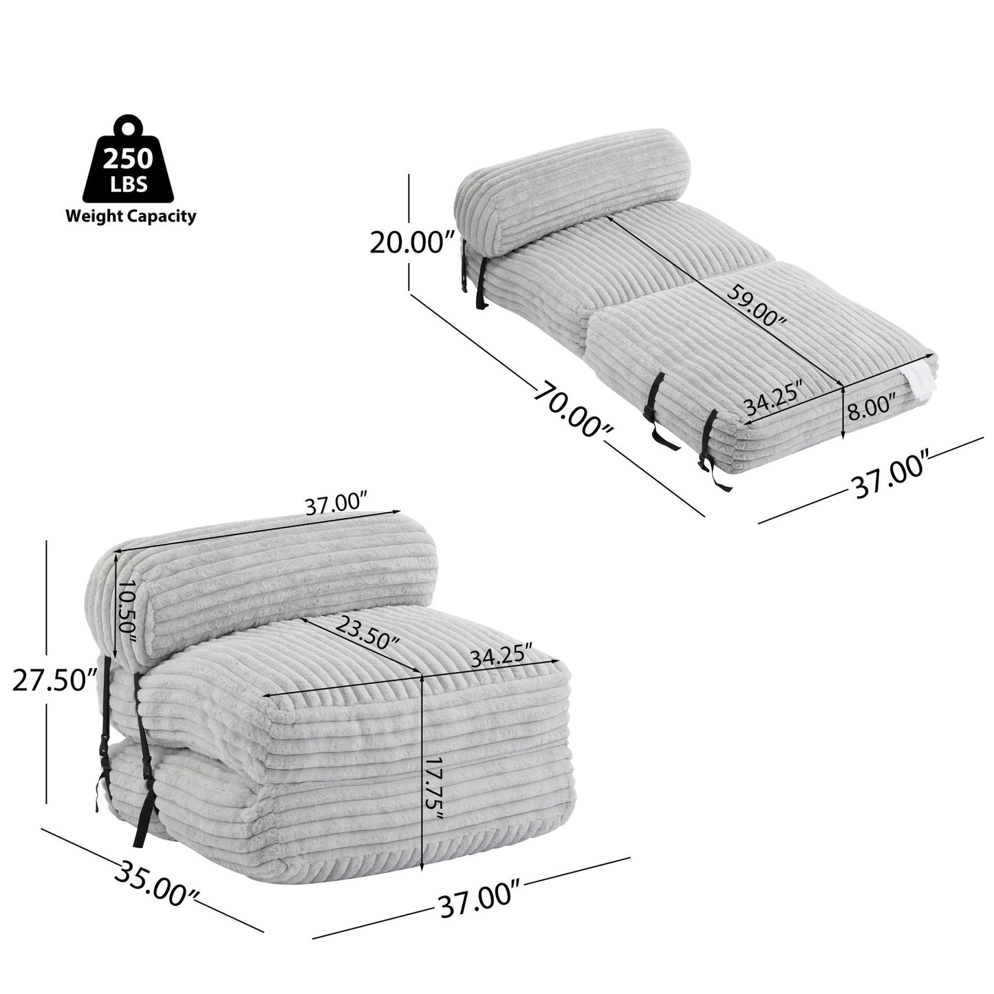 Latina - Indoor Foldbable Bean Bag Lounge Chair - Light Gray