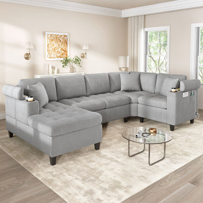 U Shaped Sectional Sofa, Corner Living Room Couch With Built In Cup Holders, Storage, USB Ports