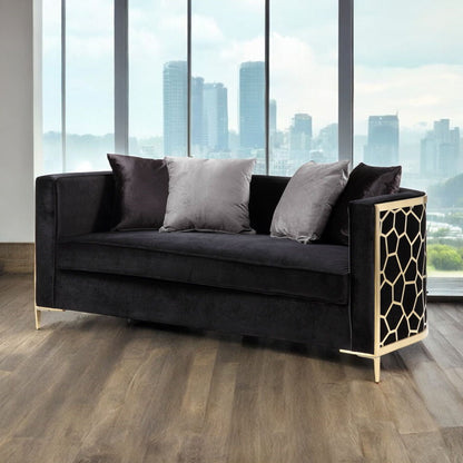 Fergal - Loveseat With 4 Pillows - Black Velvet & Gold