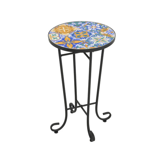 French Country Patio Side Table With Vibrant Tile Top