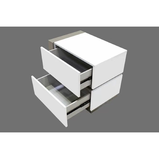 Nightstand Bedside Table With 2 Drawer For Bedroom - White / Silver