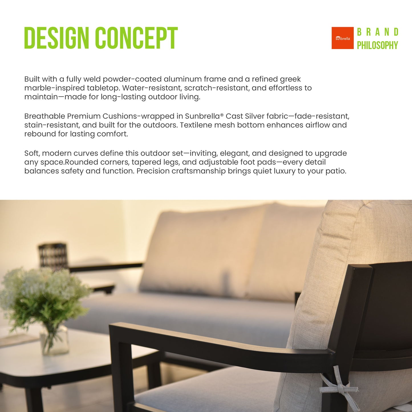 Outdoor Patio Furniture, Chat Set, Sunbrella Cushions And Side Table