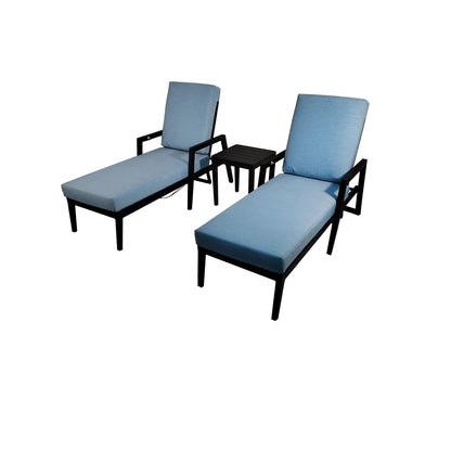 3 Piece Outdoor Patio Lounge Set, 2 Chaise & 1 End Table With Tapered Feet, Pneumatic Adjustable Backrest, Wheels, Sunbrella Cushion - Ember Black / Blue