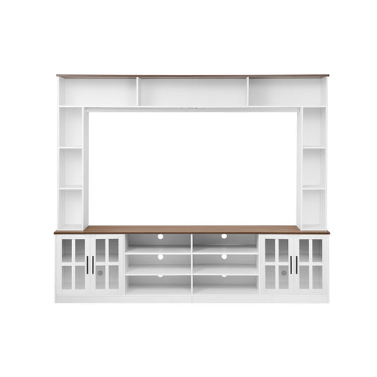Wall Unit Entertainment Center With Bookshelves For TVs Up To 80", Tempered Glass Doors And Adjustable Shelves