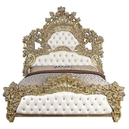 Bernadette - Eastern King Bed - White Synthetic Leather Fabric & Gold