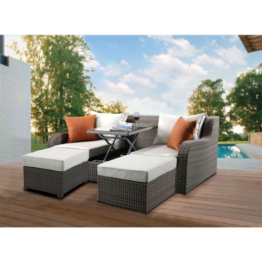 Salena - Patio Sofa With 2 Pillows & 2 Ottomans - Beige Fabric & Gray Wicker