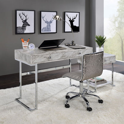 Tigress - Writing Desk - White Printed Faux Marble Top & Chrome