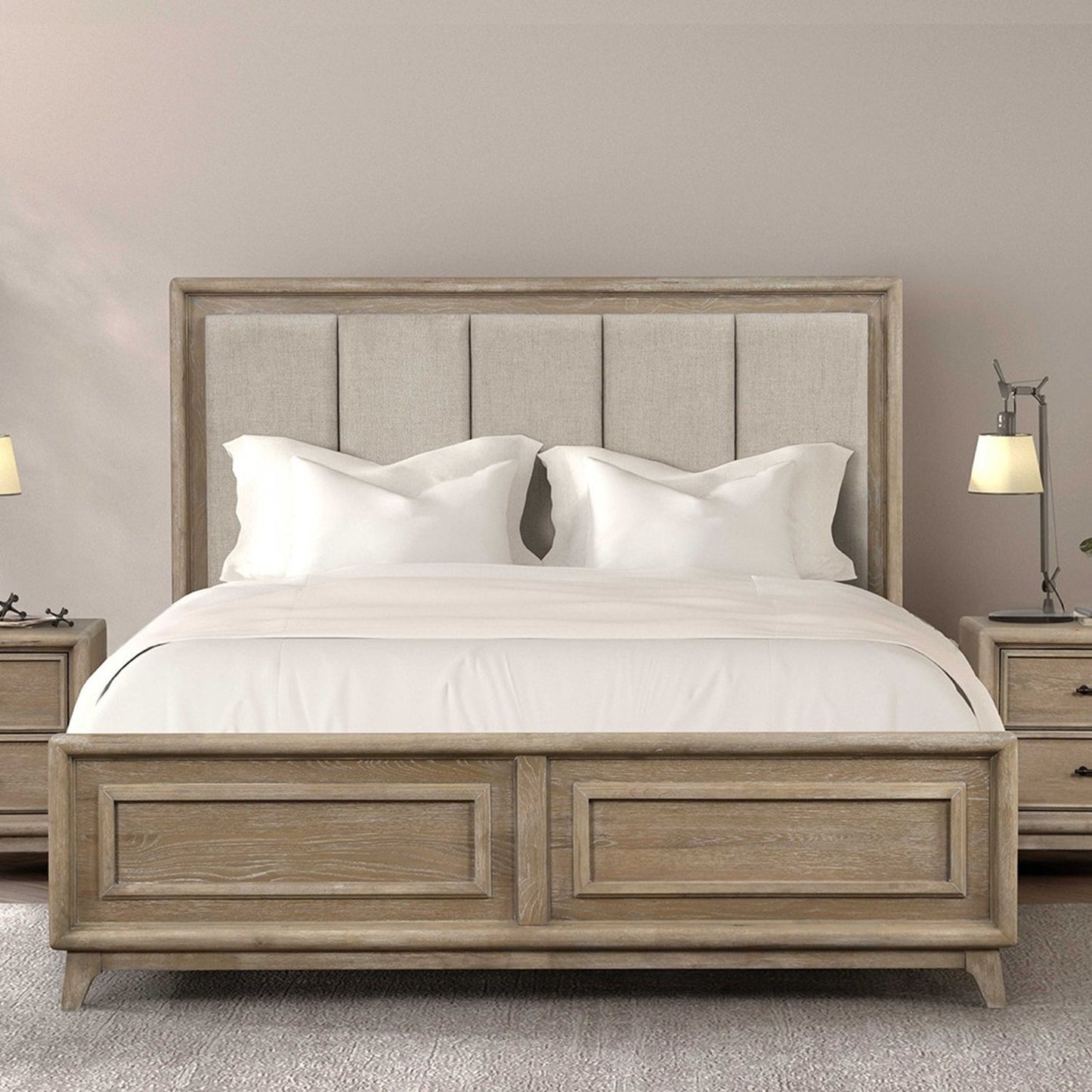 3 Piece Bedroom Set With Padded Headboard, 2 Nightstands