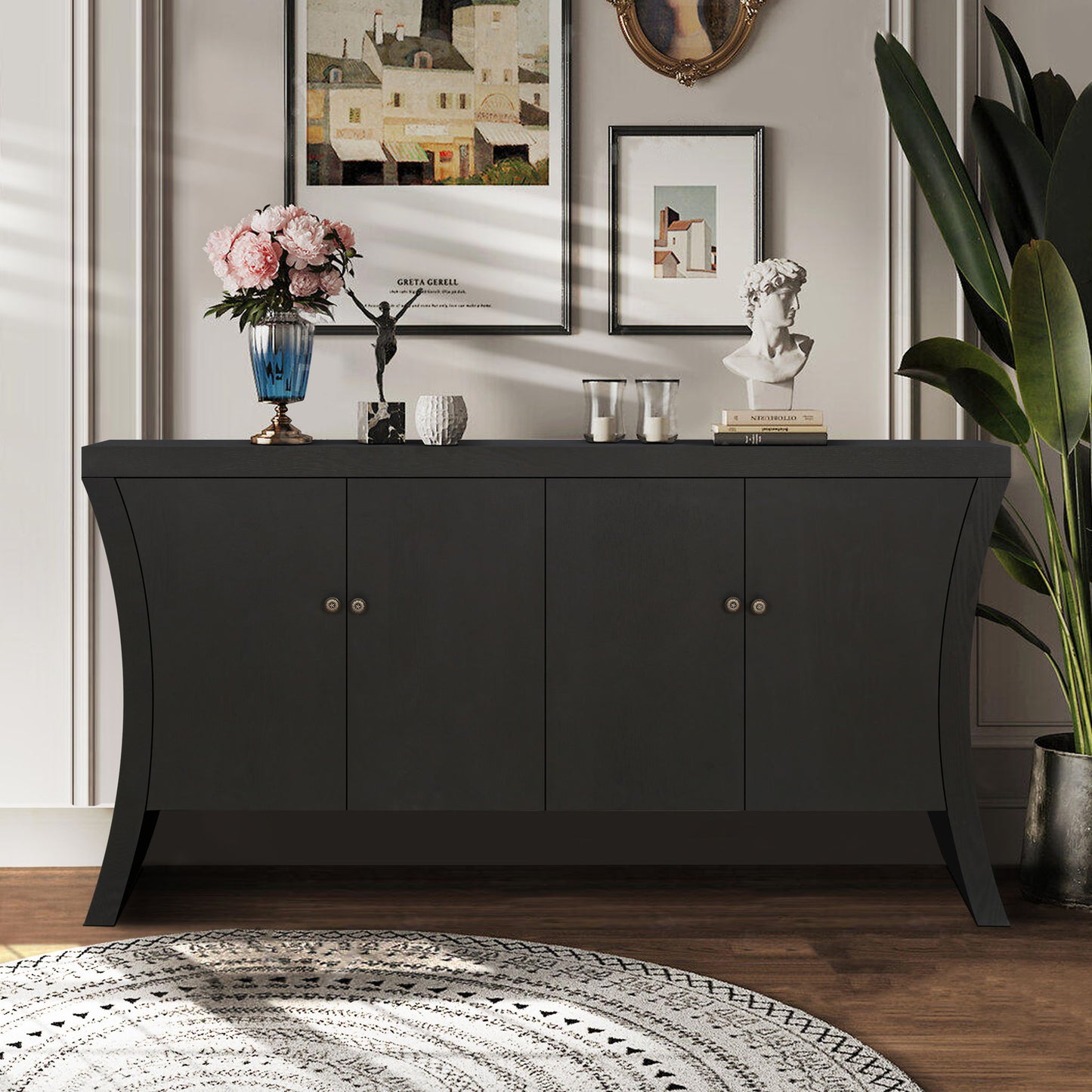 Refined Industrial 4 Door Credenza With Arc Legs & Clasps
