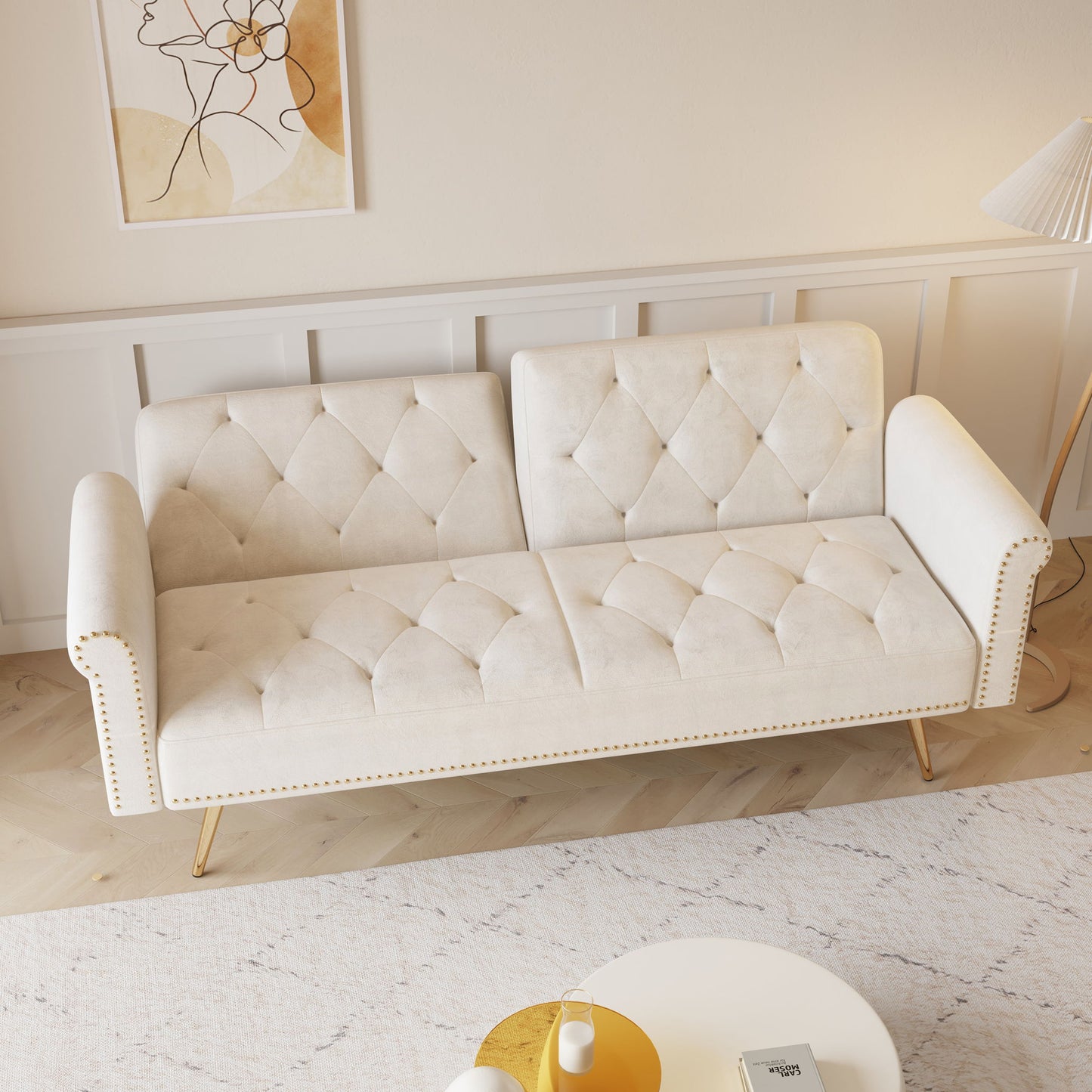 Luxurious Sofa Bed With Nail Head Trim And Matching Pillow