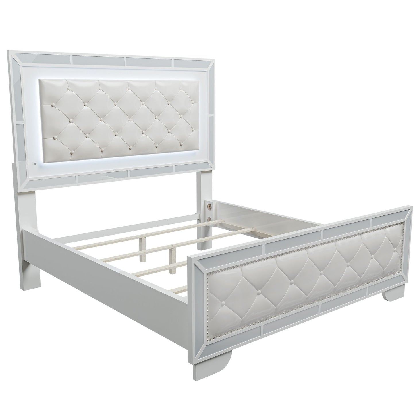 Eastern King Size Bed With LED Lights And Mirror Trim - Cream / Ivory