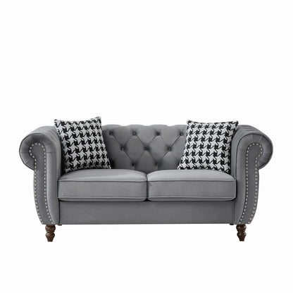 Chesterfield Upholstery Fabric Loveseat With Roll Armrest And Nailhead