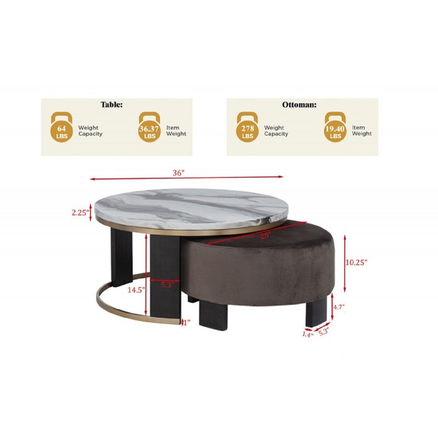 Nesting Round Coffee Table With Ottoman (Set of 2) - Gold / Brown