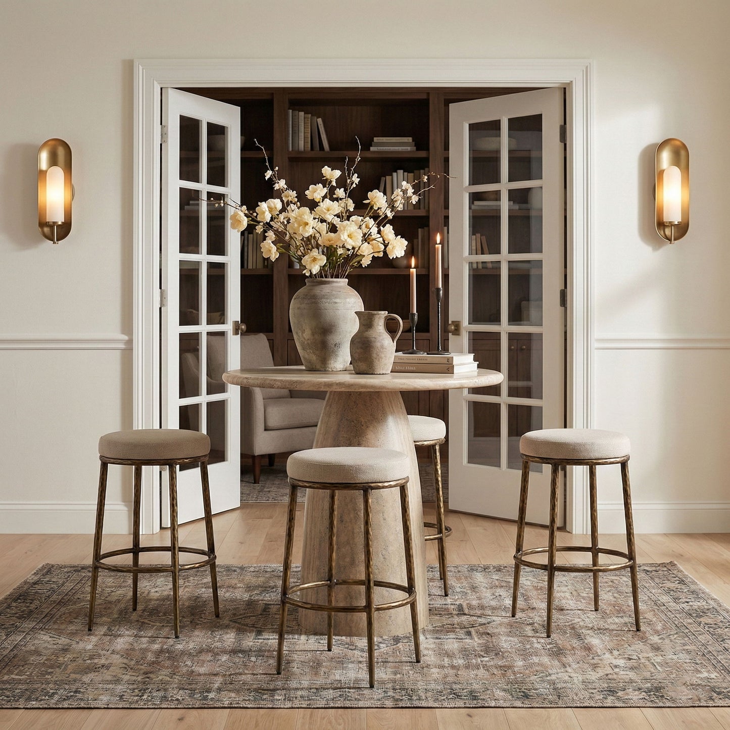 Ferro - Performance Fabric Upholstered Backless Bar Stool - Antique Brass
