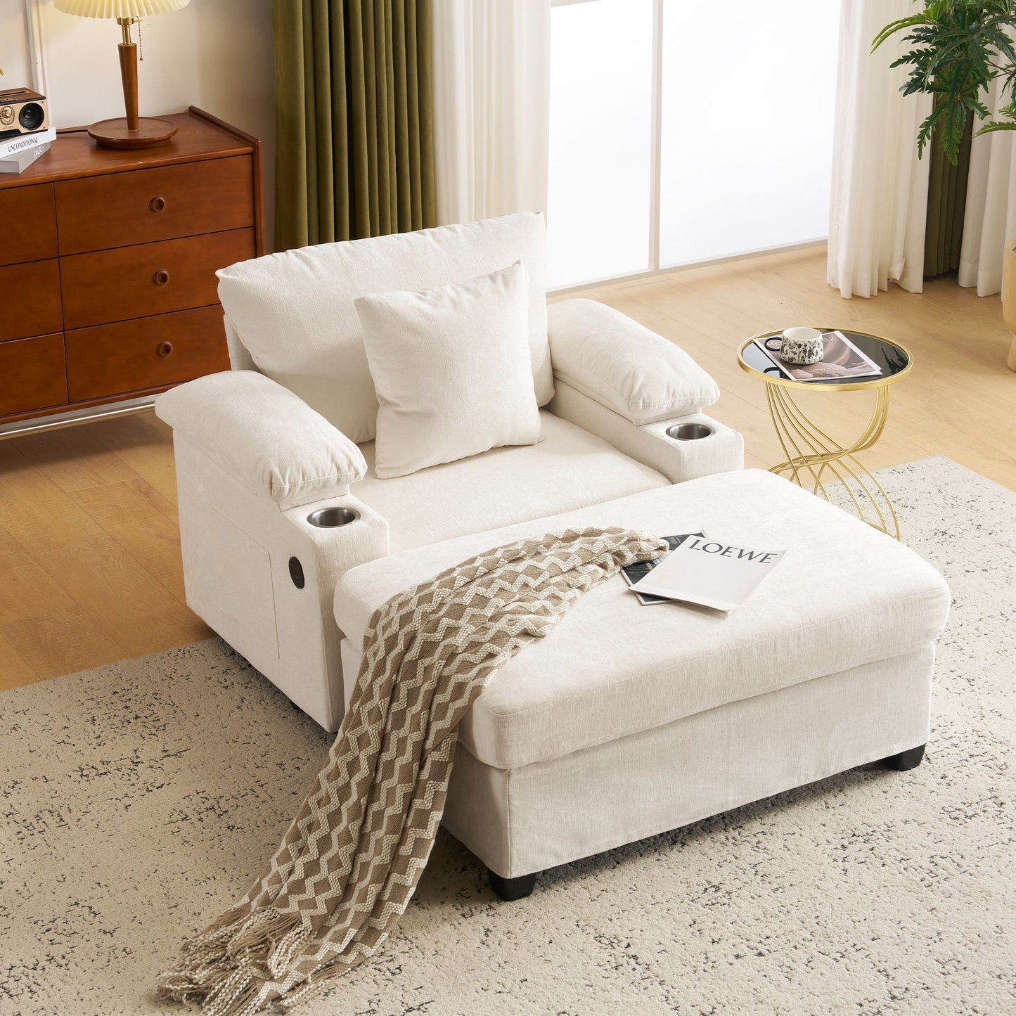 Fabric Sofa Bed With Cupholders And USB Charging Ports Chair For Living Room