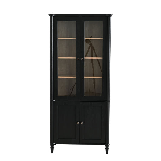 Vintage Display Cabinet With Double Glass Doors, Traditional Style For Collectibles, Ash Wood Veneer, 73.25" Tall - Black / Natural