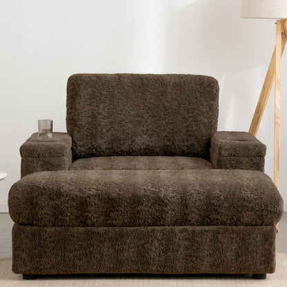Oversized Chaise Lounge Indoor Rabbit Fur Sofa Bed With Storage Ottoman And Armrests Cup Holders With Deep Seat