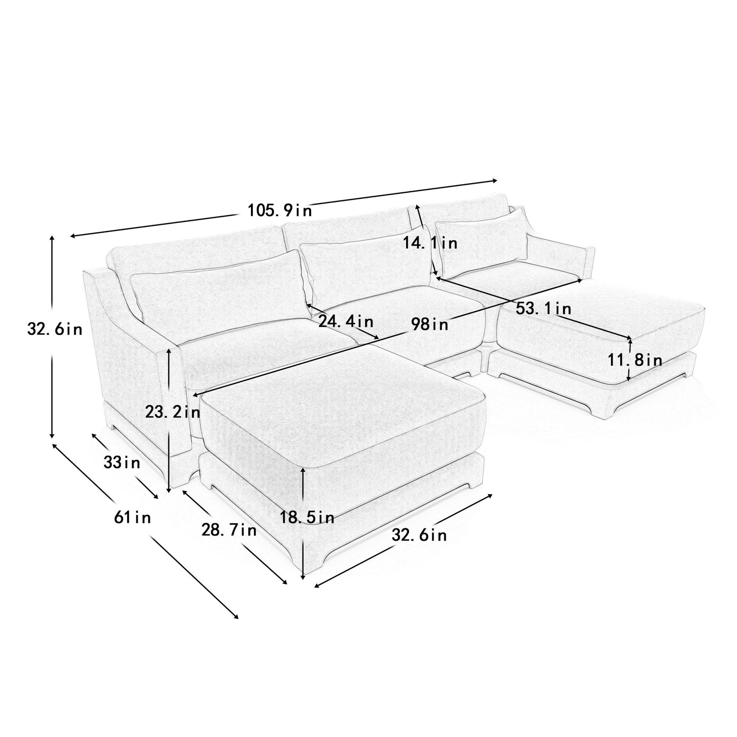 Stylish Sofa With Ottoman And Lumbar Pillows, Ergonomic Design