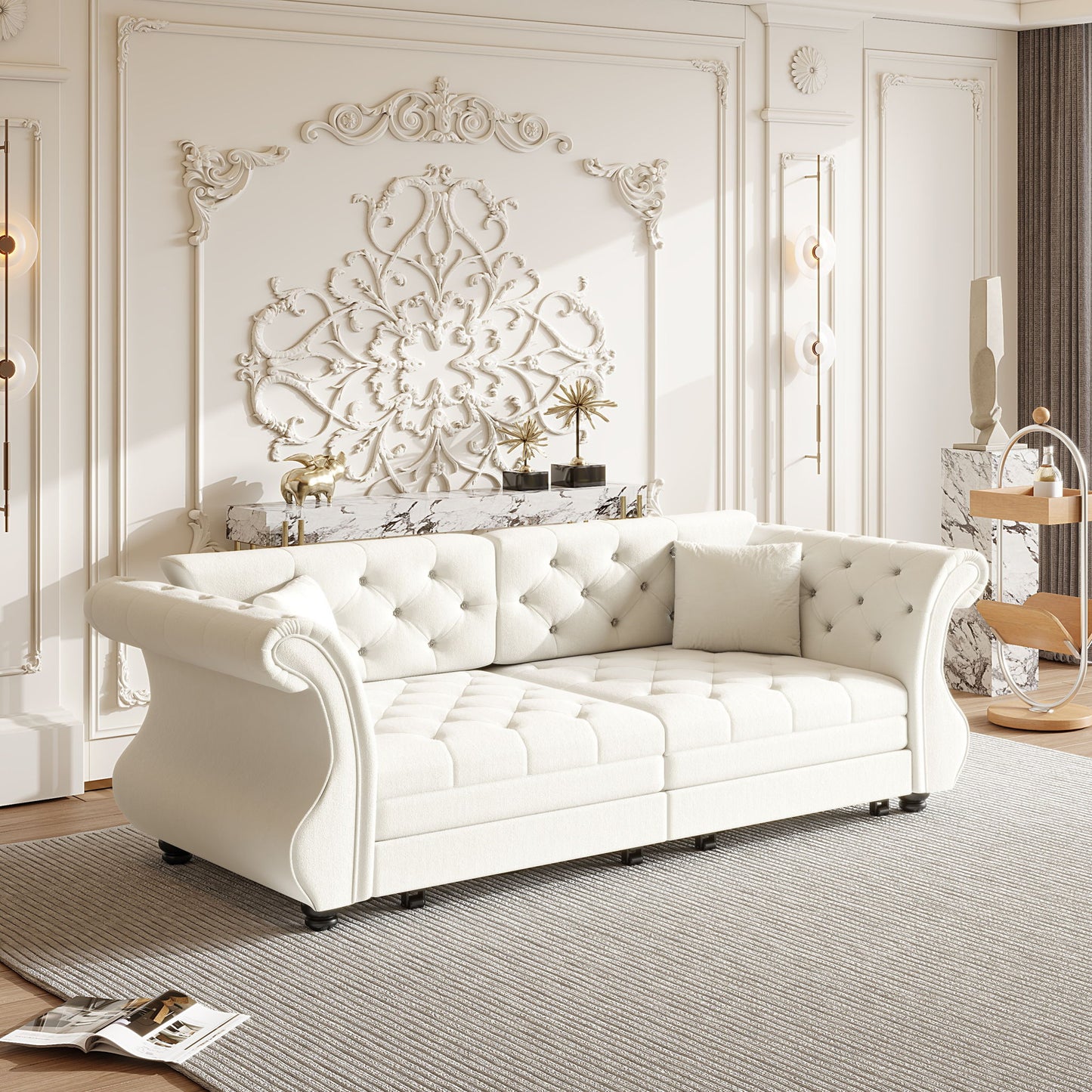 Oversized Chesterfield Pull Out Sofa Bed, Roll Arm Couch With Flower Tufting For Living Room