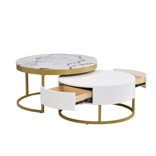 Round Nesting Coffee Table With Drawers - Golden / White