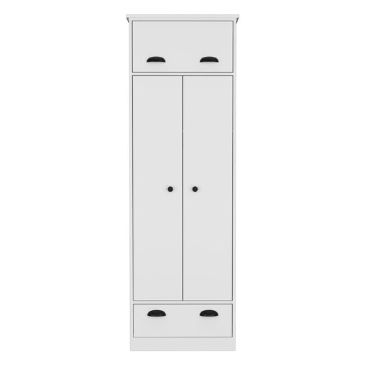 Dresser Closet With Upper Storage Covered With 1 Door, 2 Central Shelves, 1 Tube For Hanging Clothes Covered By 2 Doors, 1 Drawer At The Bottom - White