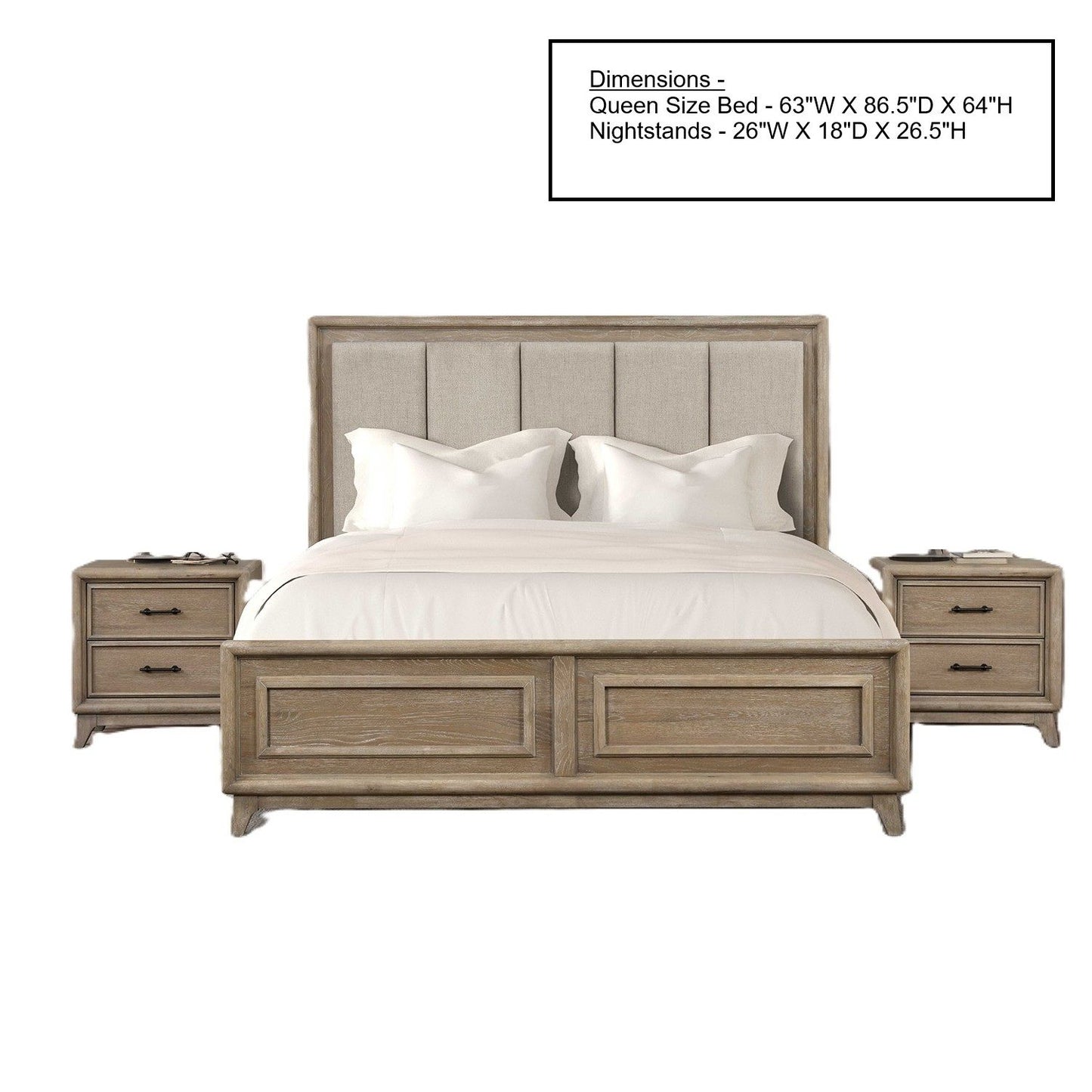 3 Piece Bedroom Set With Padded Headboard, 2 Nightstands