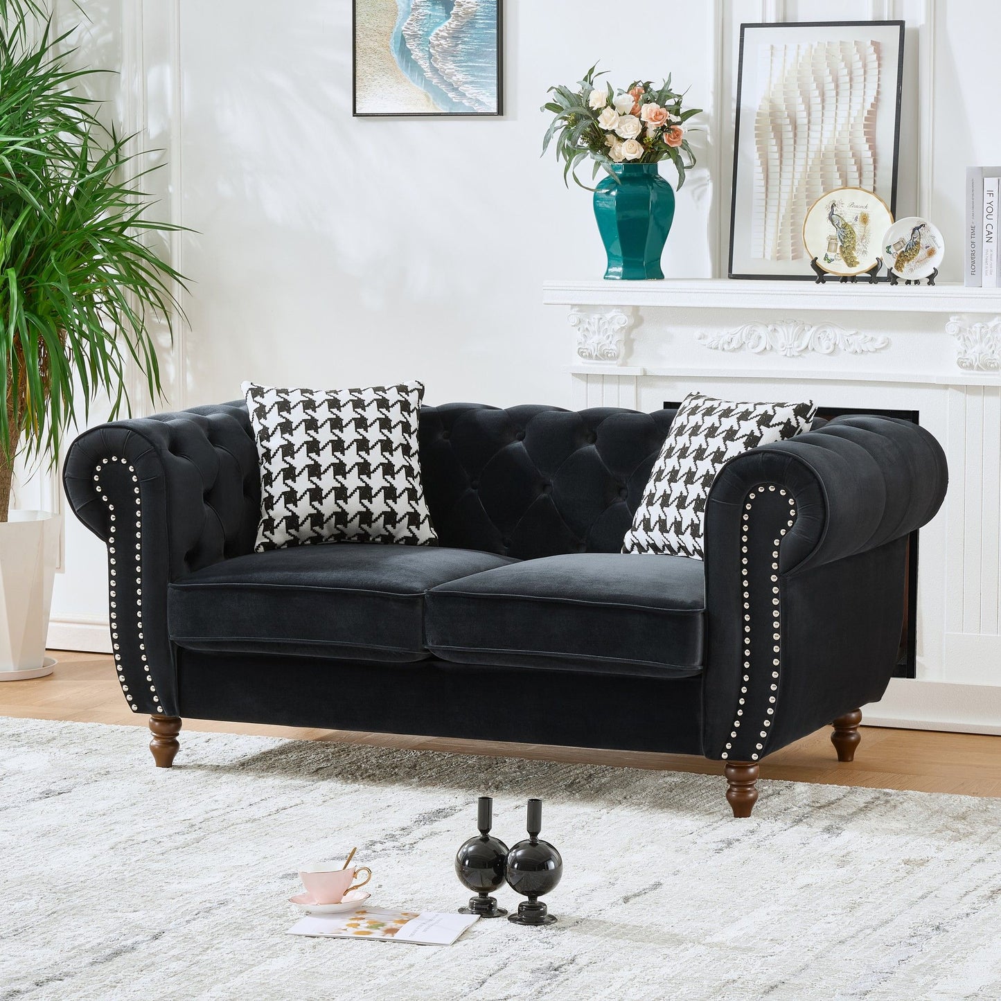 Chesterfield Upholstery Fabric Loveseat With Roll Armrest And Nailhead
