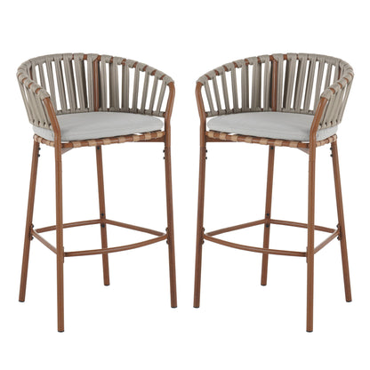 Lodi - Outdoor Matal Rope Barstool, Teak / Beige (Set of 2) - Teak / Beige
