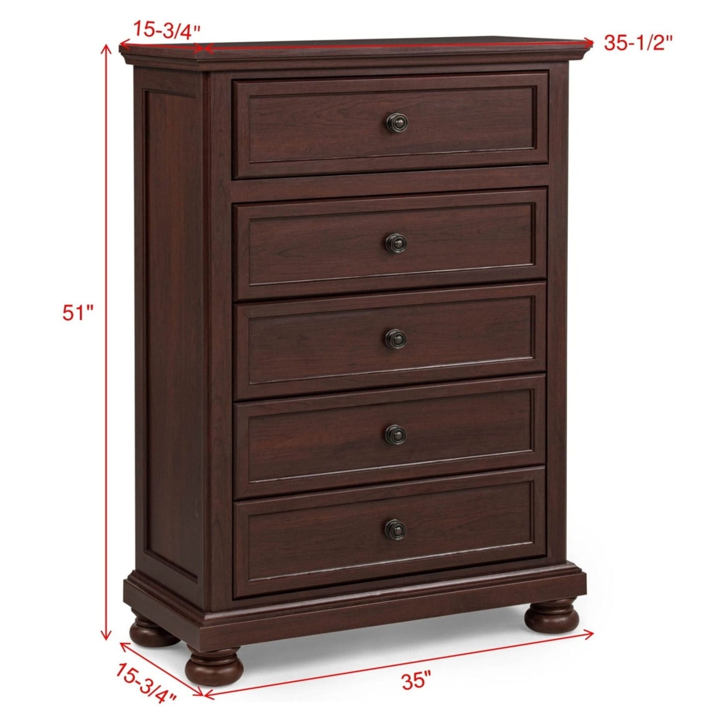 1 Piece Tall Chest, 5 Drawer Storage Bedroom Furniture - Brown / Cherry