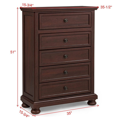 1 Piece Tall Chest, 5 Drawer Storage Bedroom Furniture - Brown / Cherry