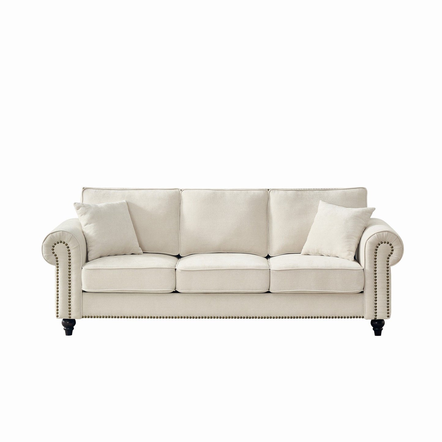 3 Seater Sofa With Tufted Upholstery, Rolled Arms, Nailhead Trim