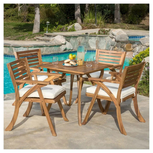 Outdoor Hermosa 5 Piece Wood Dining Set With Cushions - Teak / Beige