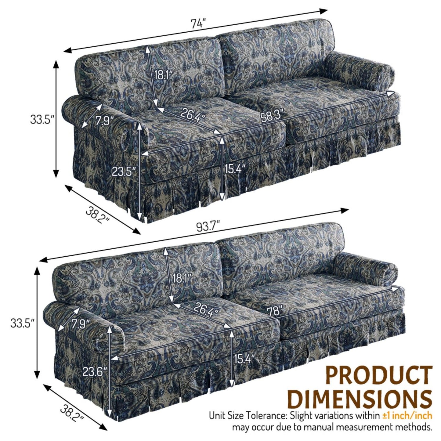 Luxuriously Comfortable Cloud Couch With Elegant Rolled Arms & Pleated Skirt Design