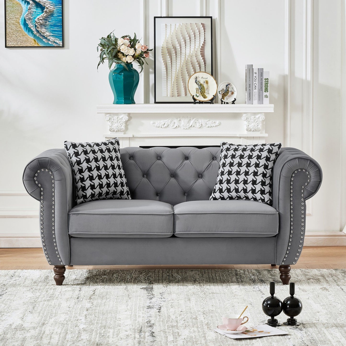 Chesterfield Upholstery Fabric Loveseat With Roll Armrest And Nailhead