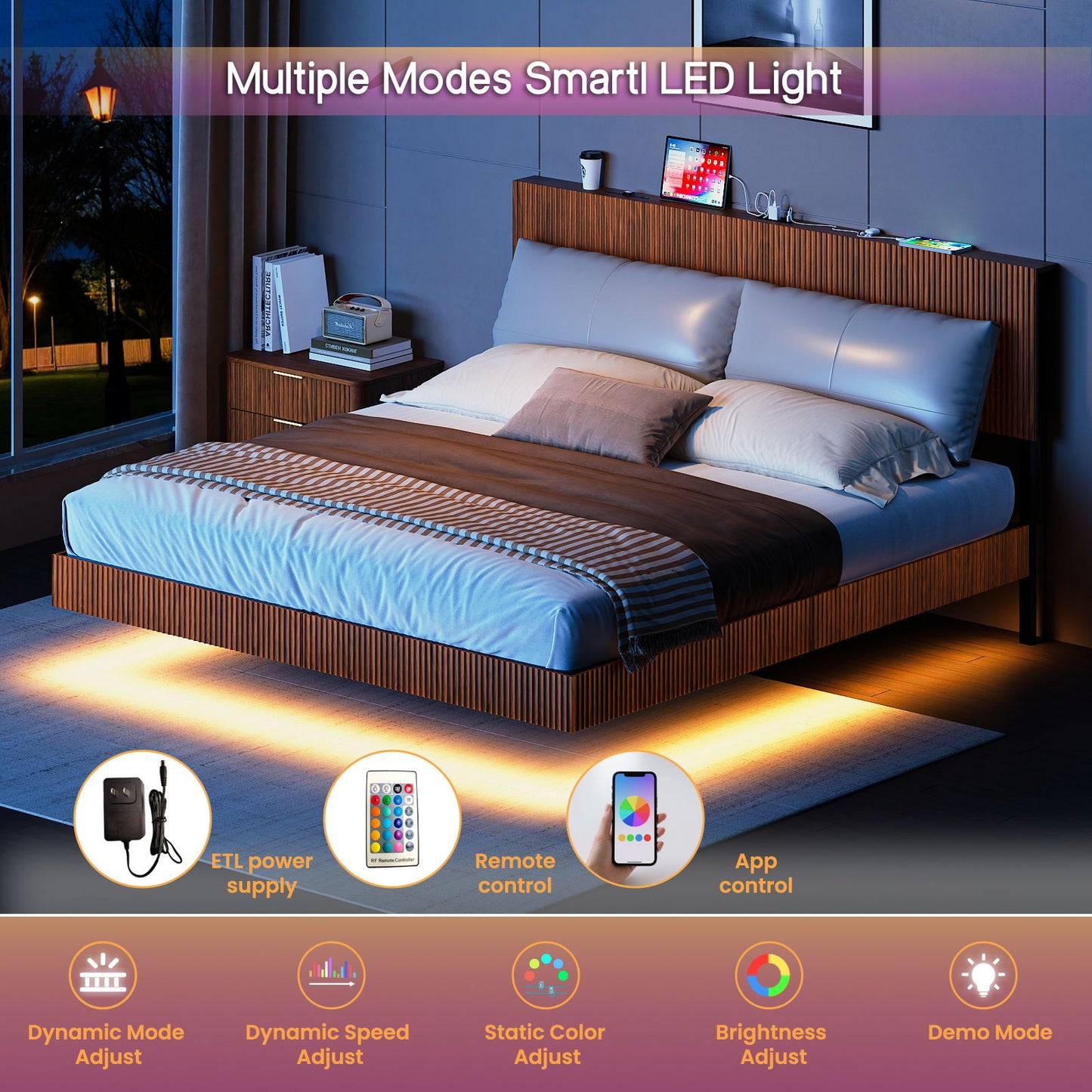 Floating Bedstead With Charging Station And LED Lights