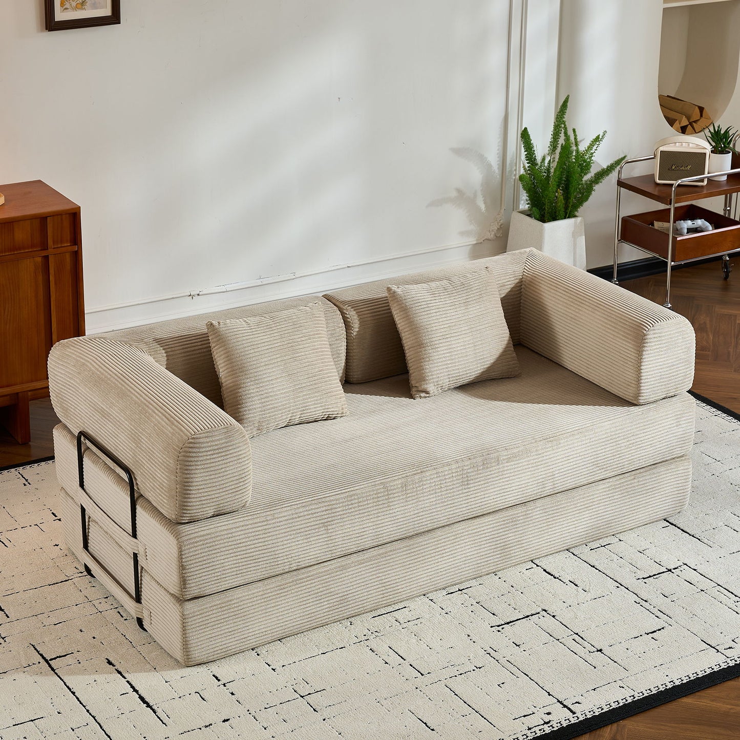 Convertible Sleeper Sofa Bed With Cylindrical Pillow, With Fixed Shape Frame