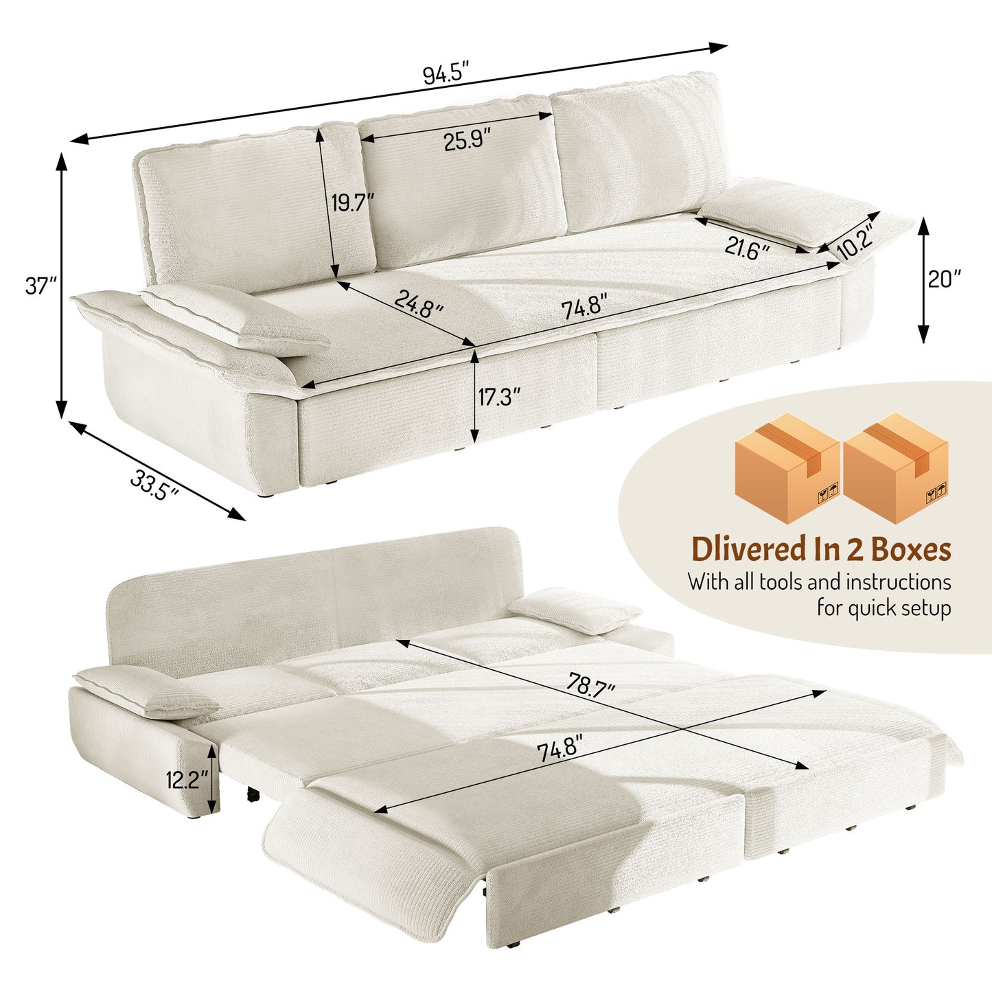 King Size Pull Out Sofa Bed, 3 In 1 Convertible Multifunctional