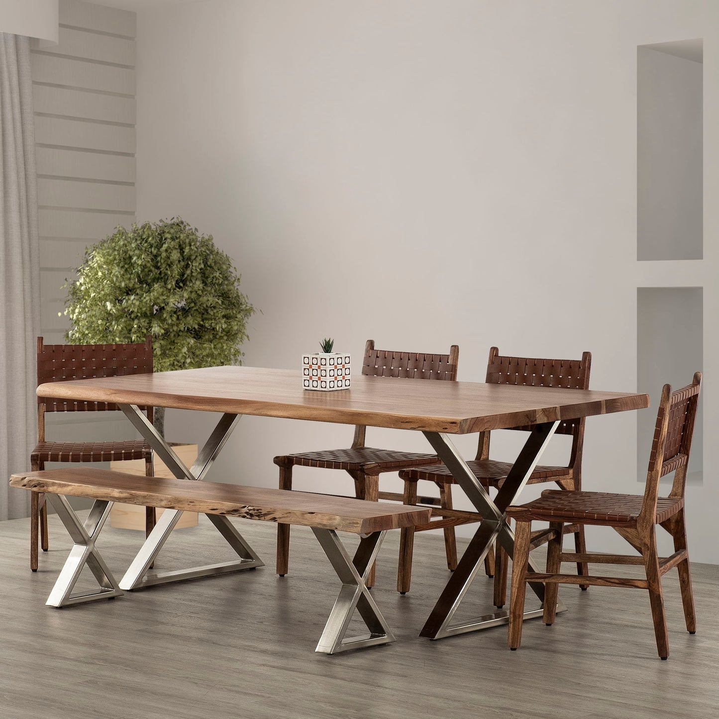 Farmhouse Design Acacia Wood Dining Bench With X Shaped Metal Legs - Brown / Chrome